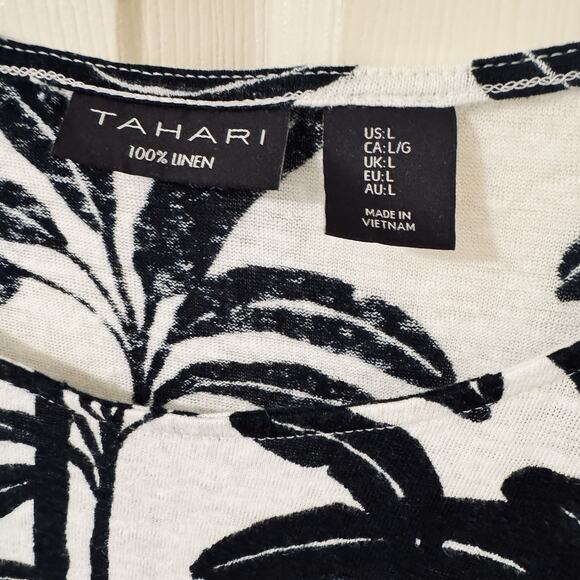Tahari Womens L 100% Linen Tropical Top Black White Leaf Print Shirt - Picture 2 of 5